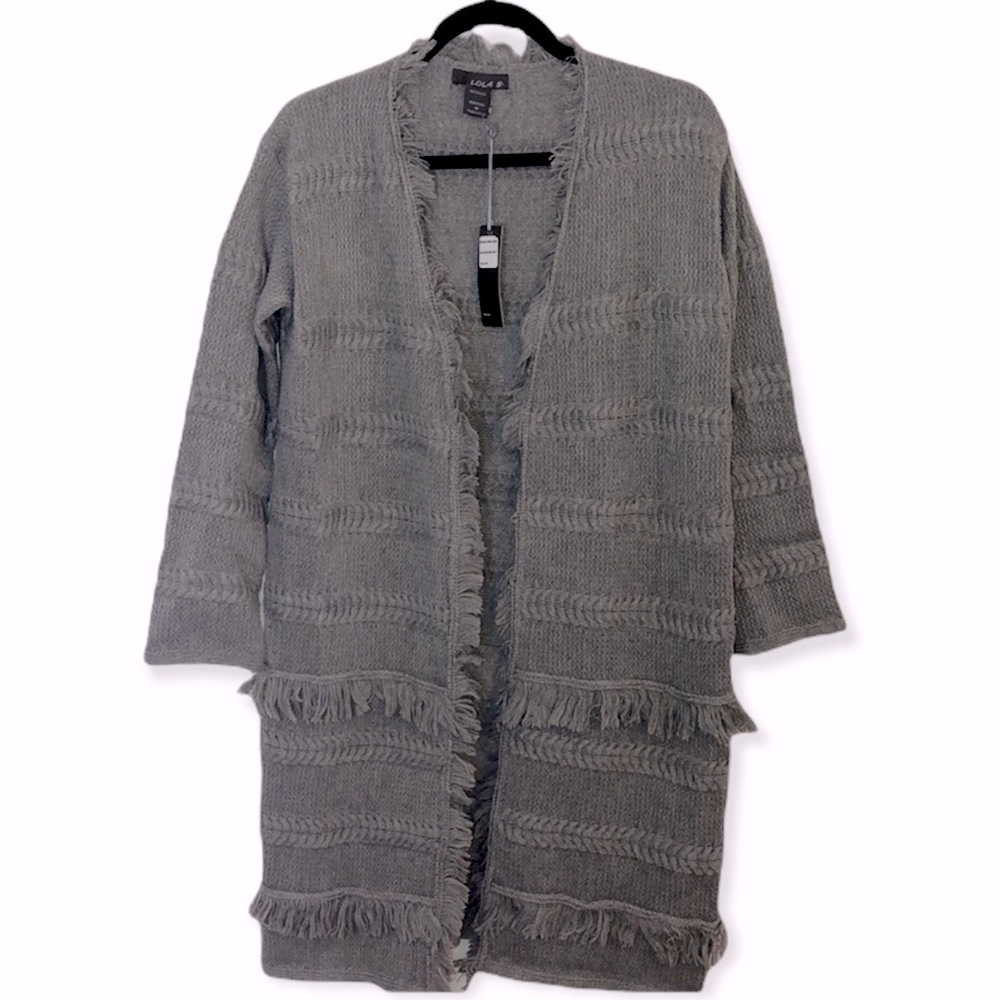 NWT- LOLA B Grey long sweater cardigan fringe boho fall winter knit
